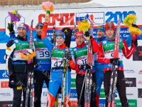 Групповой портрет участников Кубка России по биатлону слева направо: Андрей Прокунин, Анатолий Оськин, Максим Максимов, Сергей Бочарников и др. после завершения соревнований на лыжно-биатлонном комплексе «Лаура». Российская Федерация, Краснодарский край, г. Сочи. 09.02.2012 г. РГАКФД. Арх. № 8-962-цв.