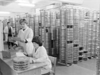 0-403244-ч/б Сотрудники отдела обеспечения сохранности Центрального государственного архива кинофотодокументов СССР (ЦГАКФД СССР) во время работы в кинохранилище. РСФСР, Московская обл., г.Красногорск. 1988г. Автор съемки неизв.