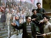 0-8488-цв. Группа художников под руководством заслуженного деятеля искусств Грузинской ССР А.И.Вепхадзе в мастерской у картины ["За мир"]. Грузинская ССР. Автор съемки Раскин Л.А.